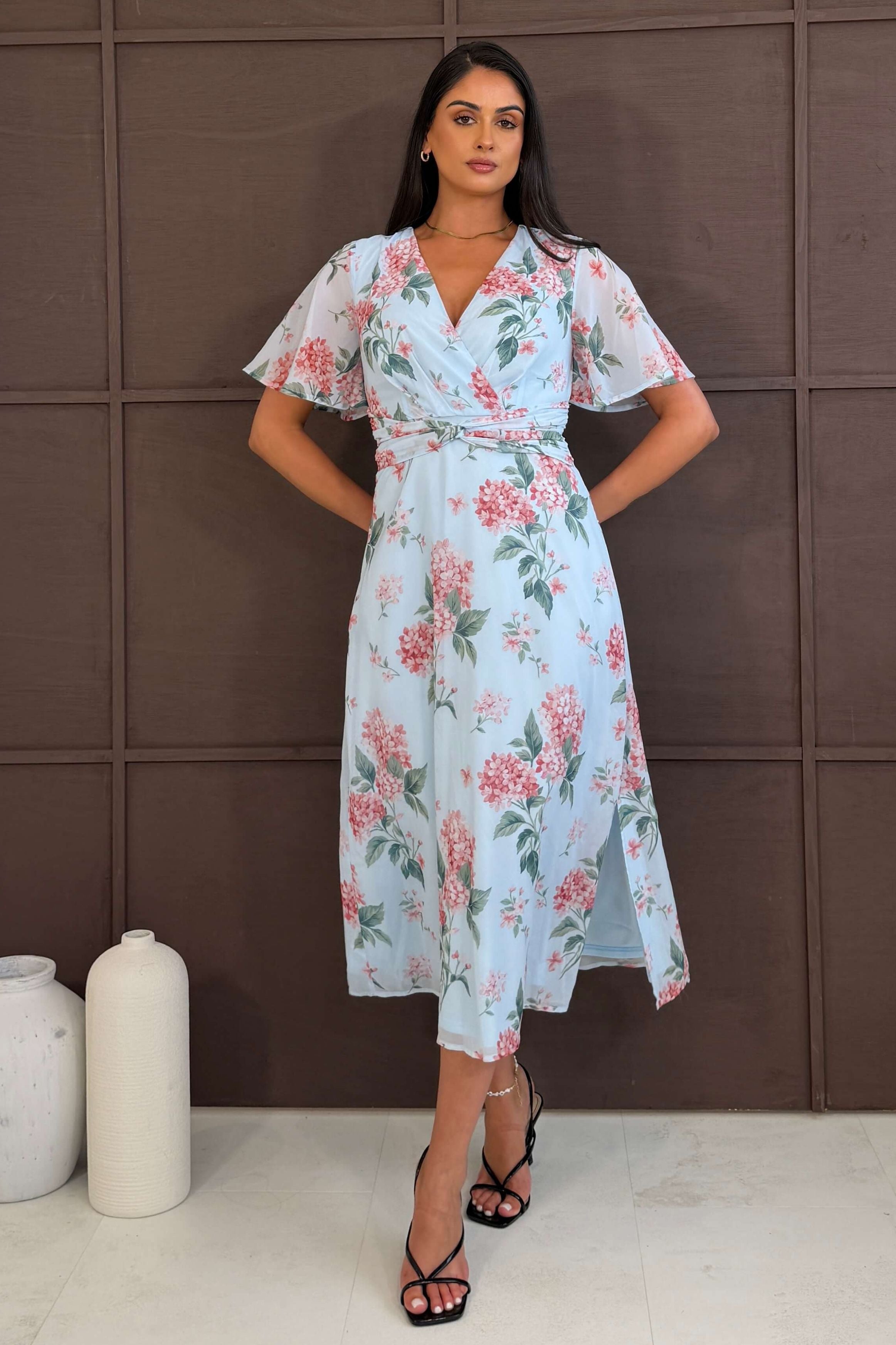 Daisy Wrap Neck Twist Detail Midi Dress Blue